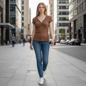 Fashion Bug Brown Ribbed Lettuce Hem V Neck‎ Ruched Short Sleeve Top Womens M